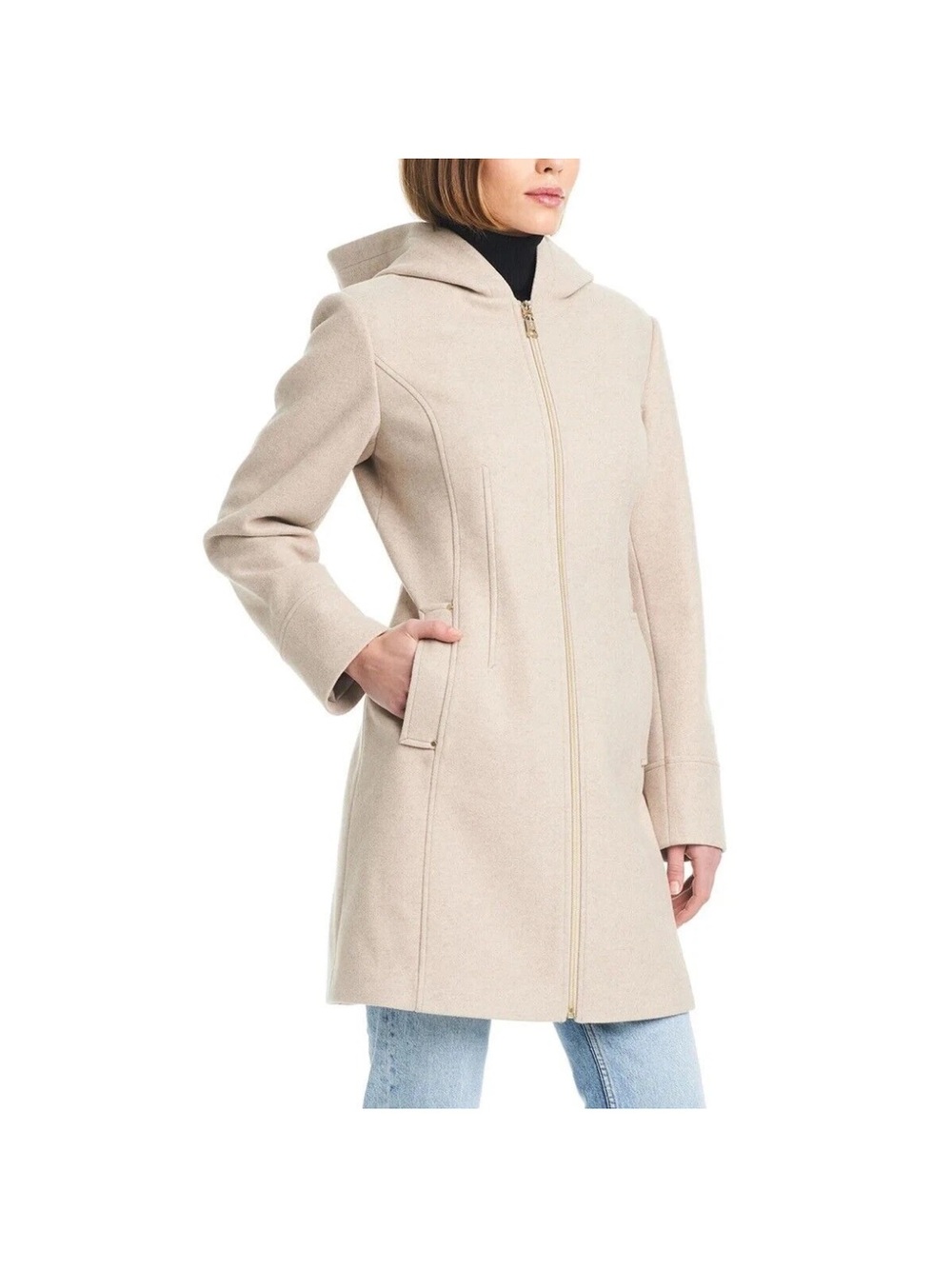 Neutral Beige Coat with Hood and Zip Front